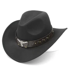 Black Western Cowboy Cowgirl Hat for Men Women – Black Bull Strap Retro Felt