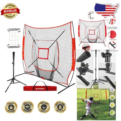 7' x 7' Baseball Practice Net with Adjustable Batting Tee & Strike Zone Target