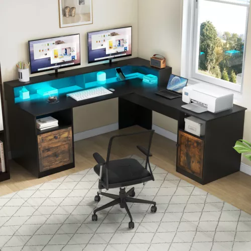 Lift Top L Shaped Desk with Power Outlets & LED Lights Home Office Computer Desk