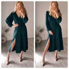Zara Green Puff Sleeve Dress Midi Slit