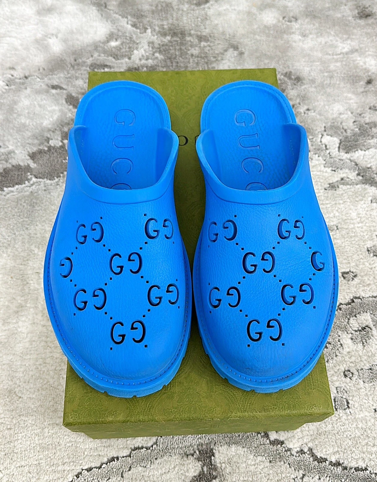 Authentique sandale/sabot Gucci GG en caoutchouc bleu pour homme US10,5 EU44 UK10