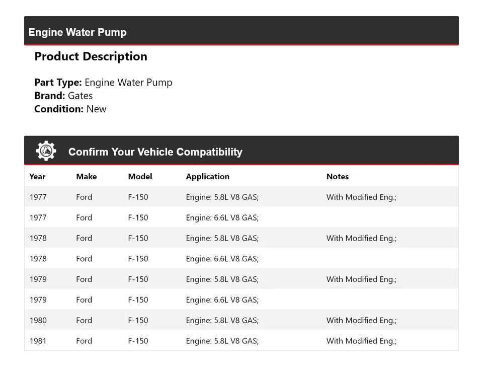 Puertas bomba agua motor Ford F-150 1977-1981 1978 1979 1980 Foto 2 de 4
