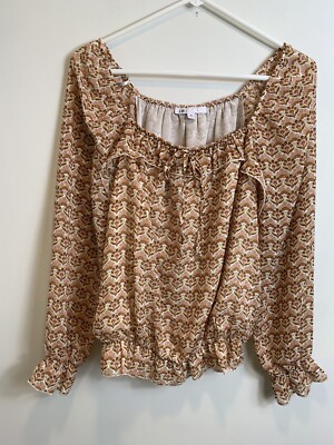 DR2 Blouse Size M Peasant Style Long Sleeve Lined  Scoop Elastic Neck Brown Prin