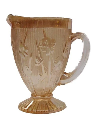 Iris And Herringbone Iridescent  Marigold Footed Pitcher  9" Jeanette  CAR# 20