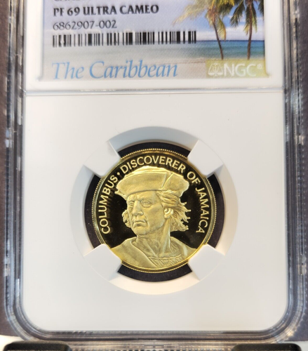1975 JAMAICA GOLD 100 DOLLARS CHRISTOPHER COLUMBUS NGC PF 69 ULTRA CAMEO - Picture 3 of 3