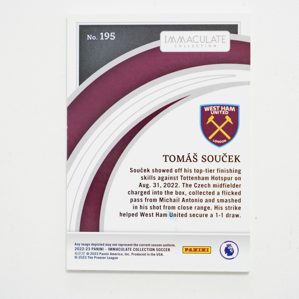 PANINI サッカーカード CHRONICLES PANINI TOMAS SOUCEK WEST HAM INITED 19/23 #24 送料無料 中古 IT2 2022-23 Panini Immaculate Collection Tomas Soucek Base