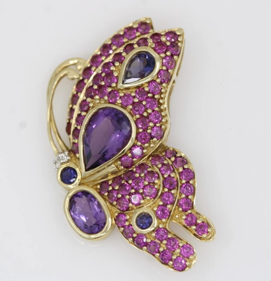 14K желтое золото большой фиолетовый драгоценный камень летающая бабочка брошь заколка 8,8 граммов