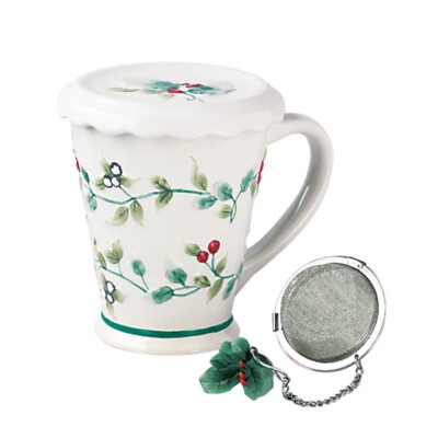 Pfaltzgraff Winterberry Christmas Holly Berries Ceramic Covered Infuser Tea Mug