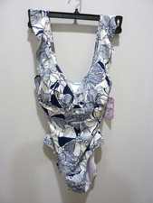 NUEVO Traje de baño Stella Parker azul blanco flores volantes traje de baño de una pieza talla L