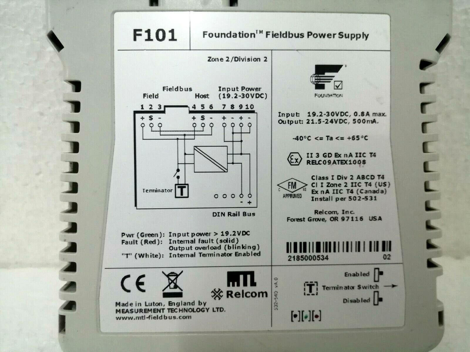 Measurement Technology Limited MTL F101 Foundation™ Fieldbus Power