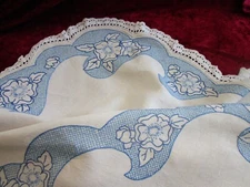 Vintage 1940's scalloped LINEN TABLECLOTH ~ 51" round ~ Emb blue/white flowers