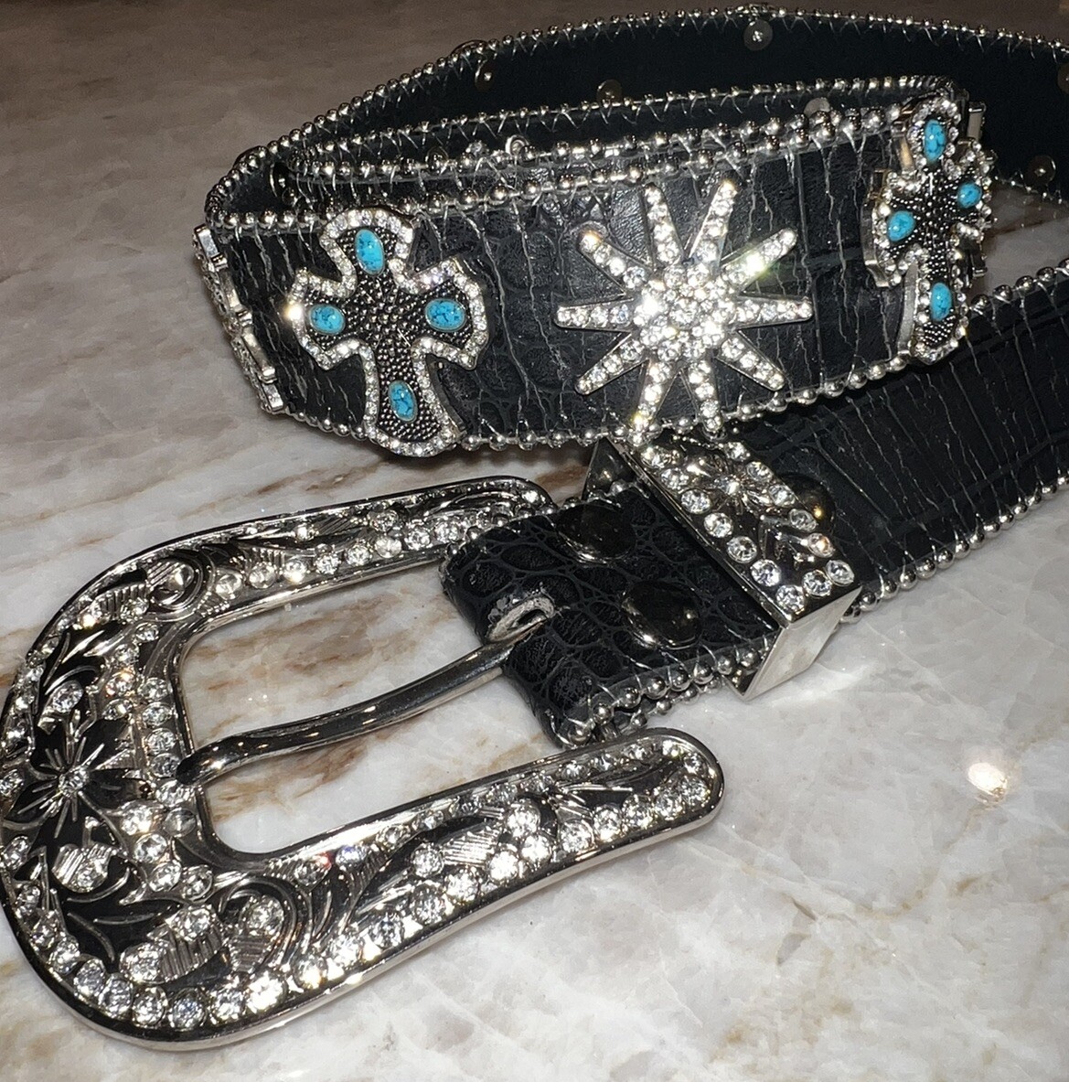 Genuine Black Leather Belt With Rhinestones Turquoise Silver  display picture 3