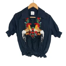 Stella Jean Rooster Floral Embroidered Short Sleeve Navy Collared Blouse 40 US S