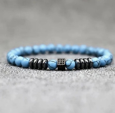 19 cm Rec. Türkis Hämatit Armband Gummizug 6 mm Power Bracelet Edelstahl Strass