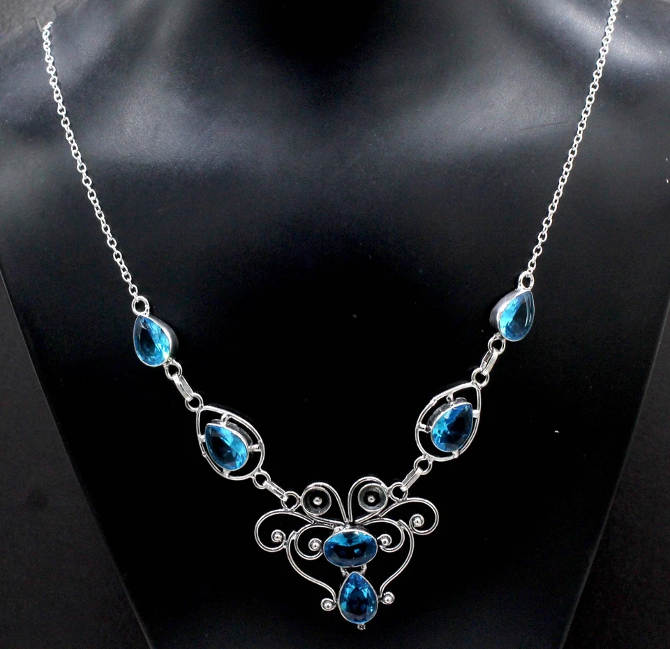 Swiss Blue Topaz Gemstone 925 Sterling Silver Jewelry Necklace Size-17-18" - Image 2 of 4