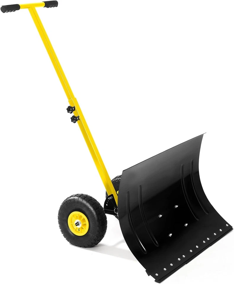 Snow Shovel Pusher w/ Adjustable Handle & Wheels for Driveway Snow Removal - Image 2 of 4
