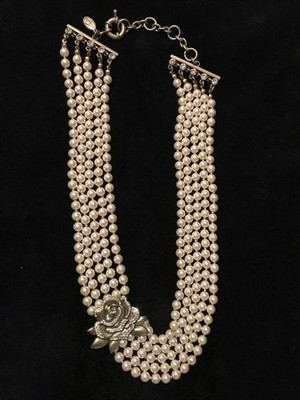 Signed Ivy Box 5 Strand Faux Pearl Necklace With Rhinestones Rose Formal Wear