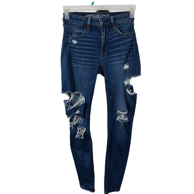 American Eagle Jeans Denim High Rise Jegging Rips Destroyed Holes Fray Womens 6
