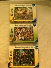 Lot of 3 Ravensburger 100, 200,300 Pc. Complete, Jungle, Kitty, Horses, EUC 