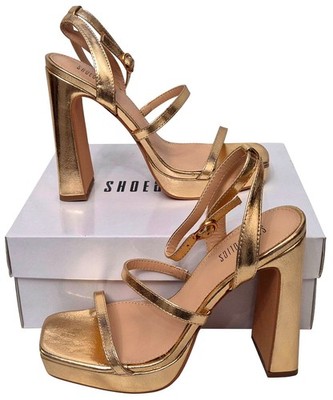Shoeaholics Damen Lovely Unity Gold Synthetik Blockabsatz Pantoletten UVP 109£