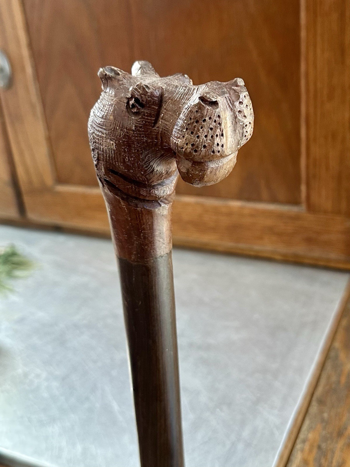 Antique African Tribal Ebony Walking Stick Cane - Hand-Carved Giraffe Head