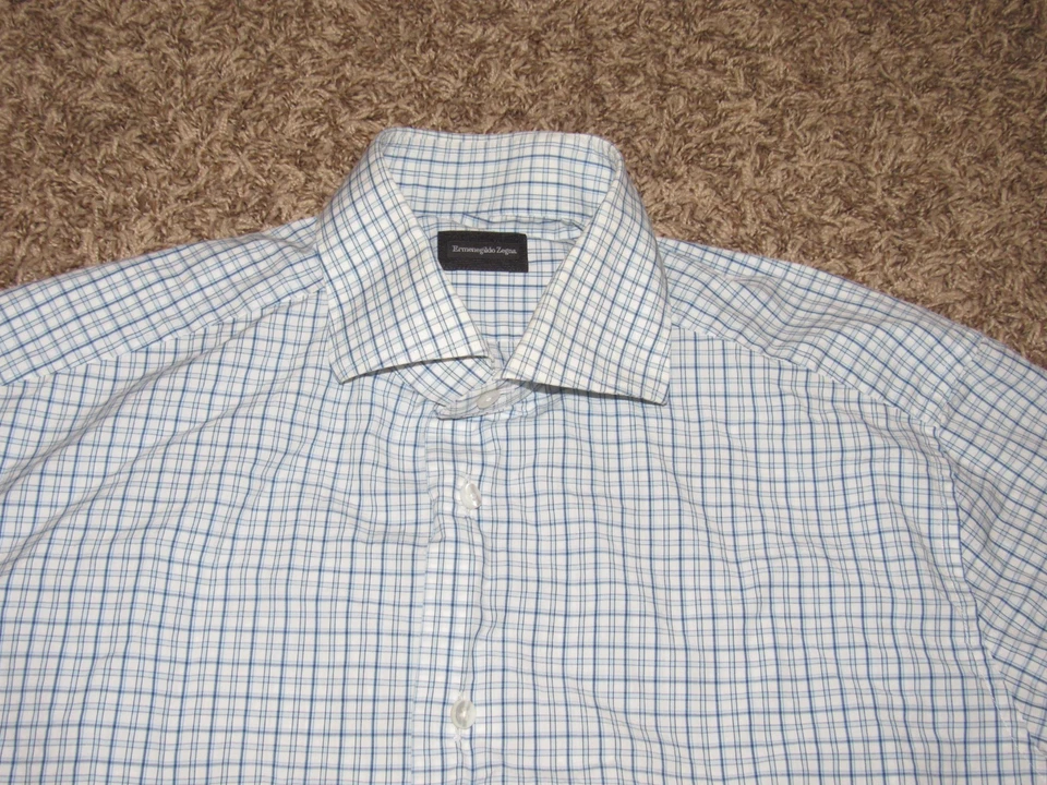 Camisa de vestir ERMEGILDO ZEGNA para hombre 41 16-33 azul blanco a cuadros Foto 2 de 4