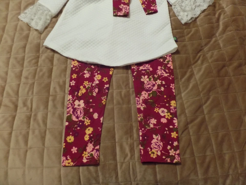 Dollie & Me, 4 Piece Set, Tops/Pants, Ivory/Burgundy Floral, Size:8, New w/Tags - Image 4 of 4