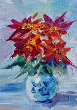 ACEO ORIGINAL oil painting  -  Christmas Red Poinsettia - 2.5x3.5 in artist MK