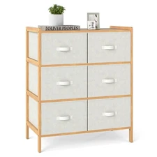 Fabric Dresser with 6 Drawers Bamboo Storage Tower with 6 Folding Fabric Bins