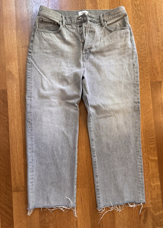 Pistola Women’s Gray Denim Jeans Straight Mid Rise Button Fly Raw Hem Pockets