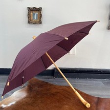 Ralph Lauren Vintage Burgundy Parasol Umbrella Wood Handle Polo Equestrian Logo