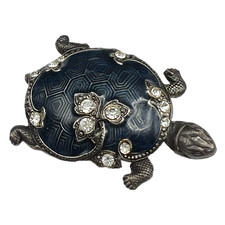 Blue Enamel  Rhinestone Sea Turtle Brooch Silver Tone Figural Pin 1 1/2"