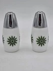 Vintage Westinghouse Gemco Milk Glass Green Daisy Floral Salt & Pepper Shakers