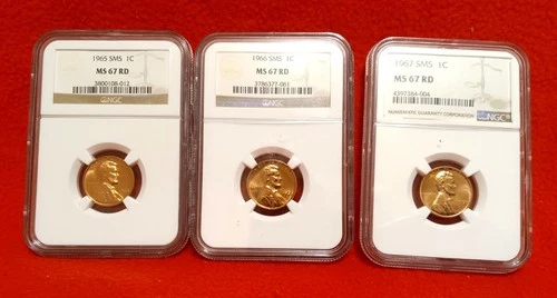 1965, 1966, & 1967 SMS MS 67 RD Lincoln Cents NGC