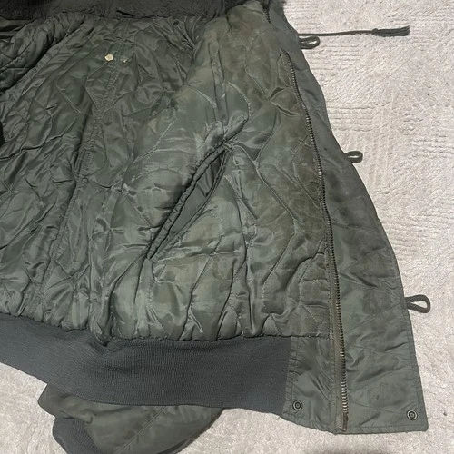 Vtg 80s Very stained Civ N-2B sage green Bomber Jacket heavy attached Hood Sz XL image 7