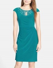 ALEX EVENINGS 12 Teal Cap Sleeve Embellished Sheath Dress NWT 148