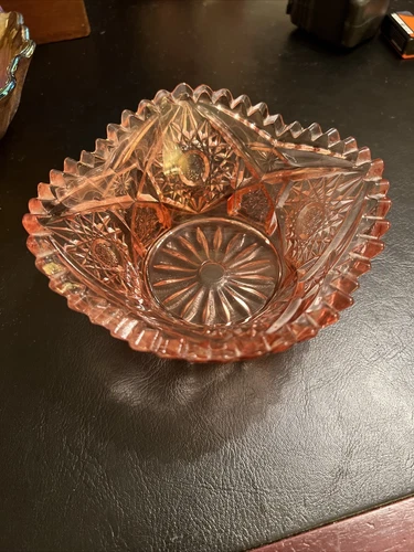 Vintage Iridescent Pink Carnival Depression Glass Pressed Bowl With Sawtooth Rim