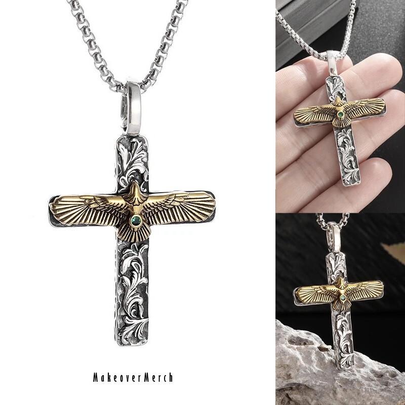 Gold Eagle Cross Pendant Necklace Men Ancient Amulet Jewelry With Green Stone