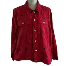 Vtg Silkland Women’s Sz 1x Red With Black Emboroidery Flower Button Up Jacket