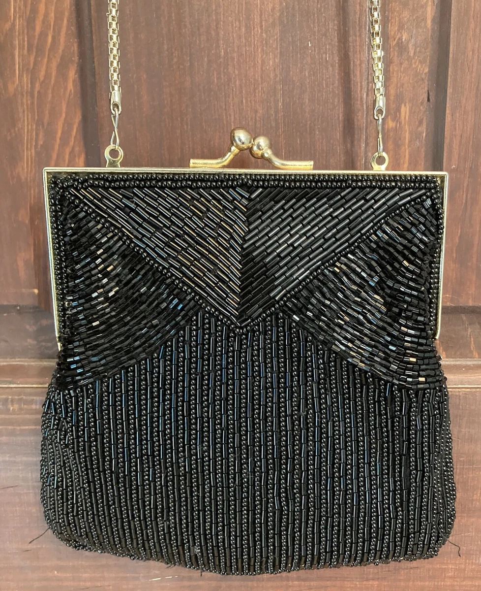 VINTAGE SCALLOPED EVENING BAG/PURSE - BLACK, GOLD & SILVER BEADED by LA  REGALE