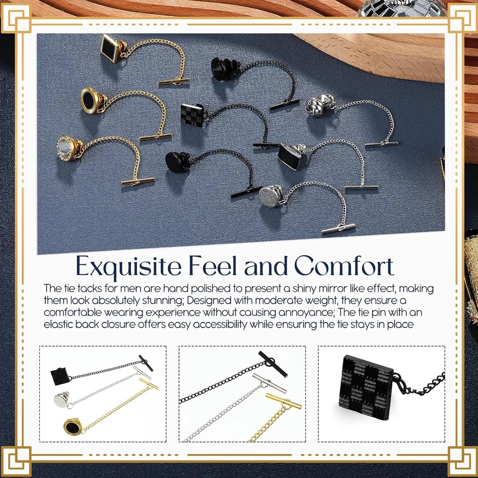 Pin de gravata Misdary 9 peças para homens com corrente prata preta ouro tie tack Cl - Imagem 3 de 4