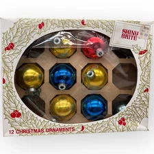 Vtg Christmas Shiny Brite Ornament Box w/7 Glass Ornaments Yellow Red Blue