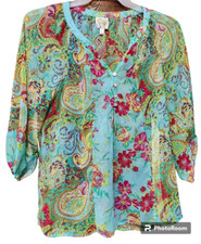 Fig Flower Floral Top Size Large MOP Buttons Hippie Boho