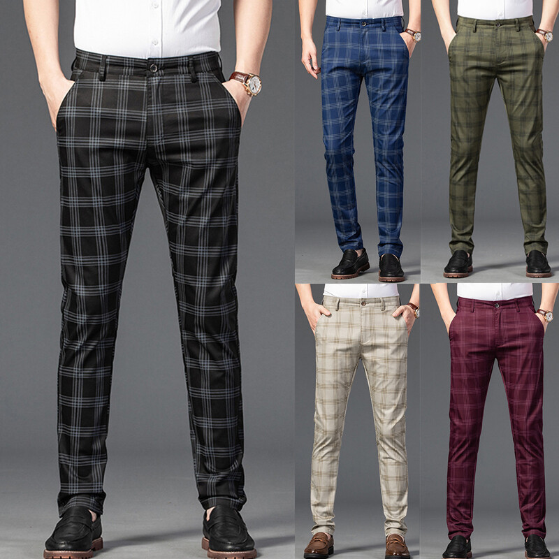 Men Check Pants Plaid Straight Dress Trousers Suit Bottoms Men Check Pants Plaid Straight Dress Trousers Suit Bottoms