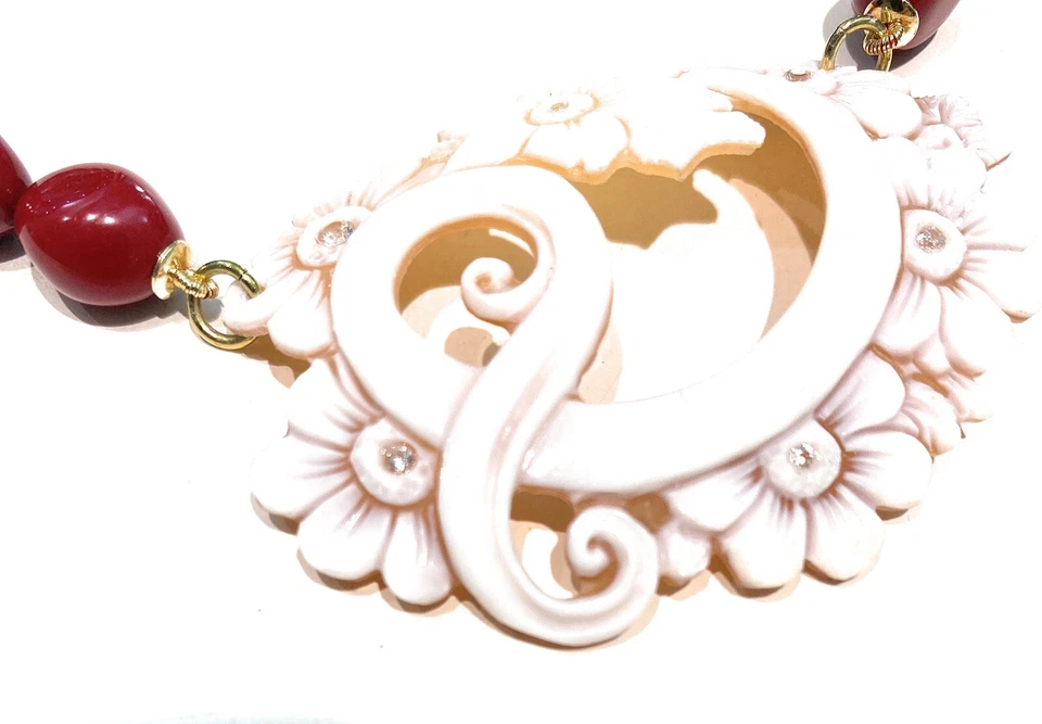 Collana Pasta di Corallo 4 Fiorì centrale Cameo Inciso a Mano Argento Sterling - Immagine 3 di 4