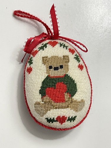 Teddy Bear Ornament Finished Needlepoint Petit Point Oval Holiday Heart W/Ribbon - Picture 3 of 5