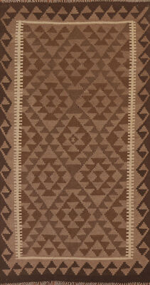 Brown Dual-Sided Kilim Kelim 7 ft. Rug Runner Flatweave Wool Hallway Carpet 3x7