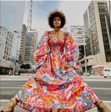 ANTHROPOLOGIE NWT $245 Farm Rio Coloured Bananas Smocked Maxi Dress