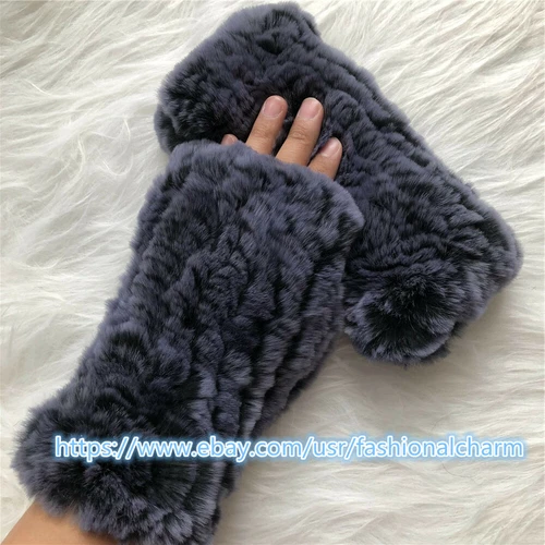 Womens Winter Real Rabbit Fur Gloves Knitted Stretch Fingerless Mitten Gloves - Picture 44 of 102
