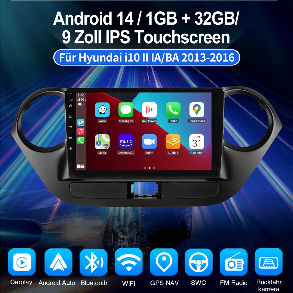 Android 14 Autoradio CarPlay für Hyundai i10 II BA IA 2013-2016 GPS Navi Kamera+ - Bild 2 von 4